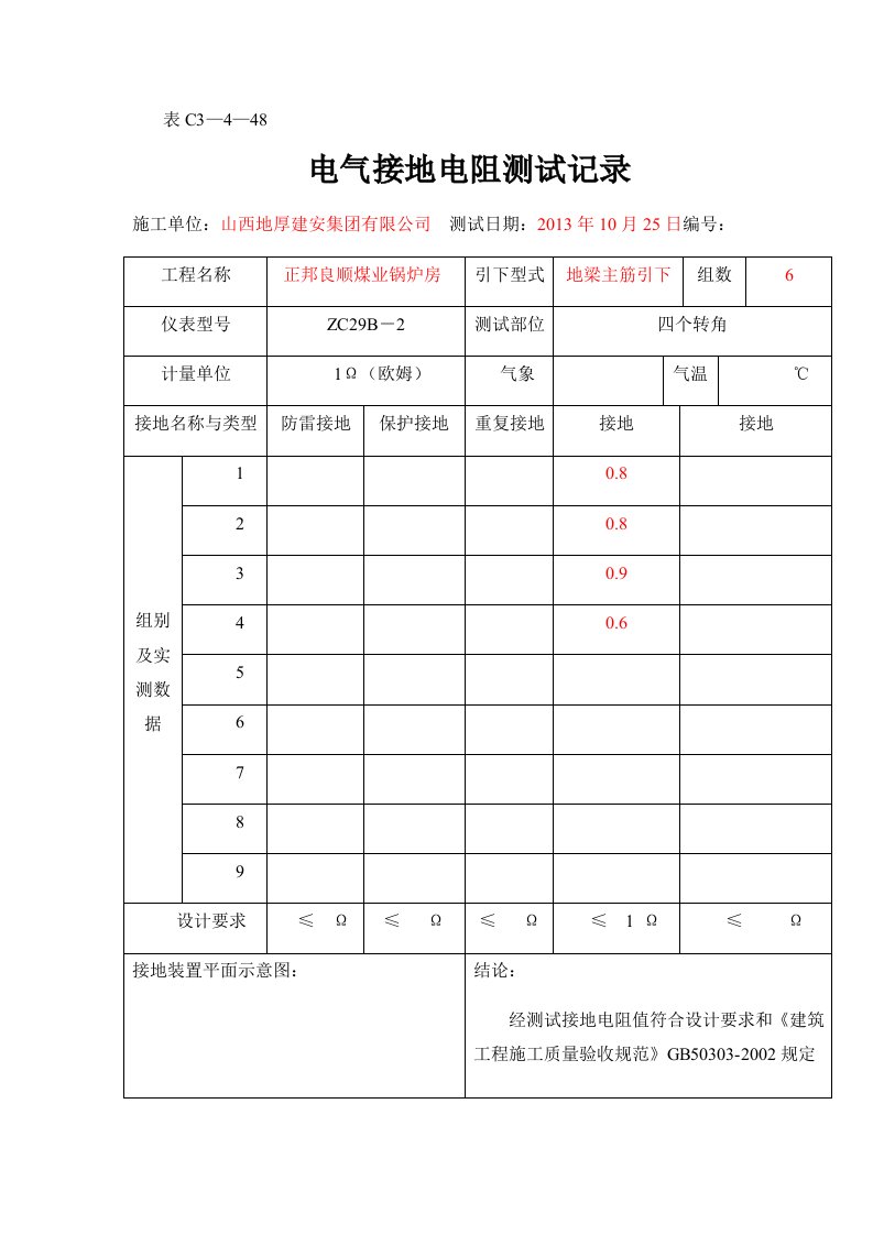 电气接地电阻测试记录