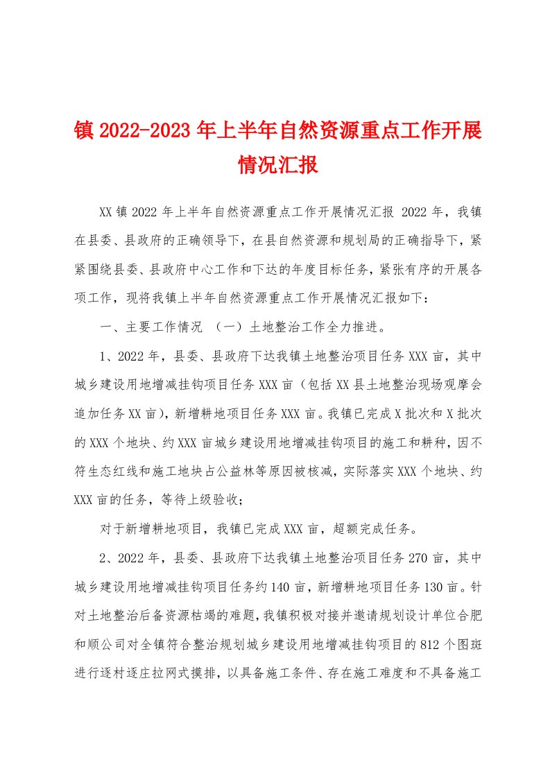 镇2022-2023年上半年自然资源重点工作开展情况汇报