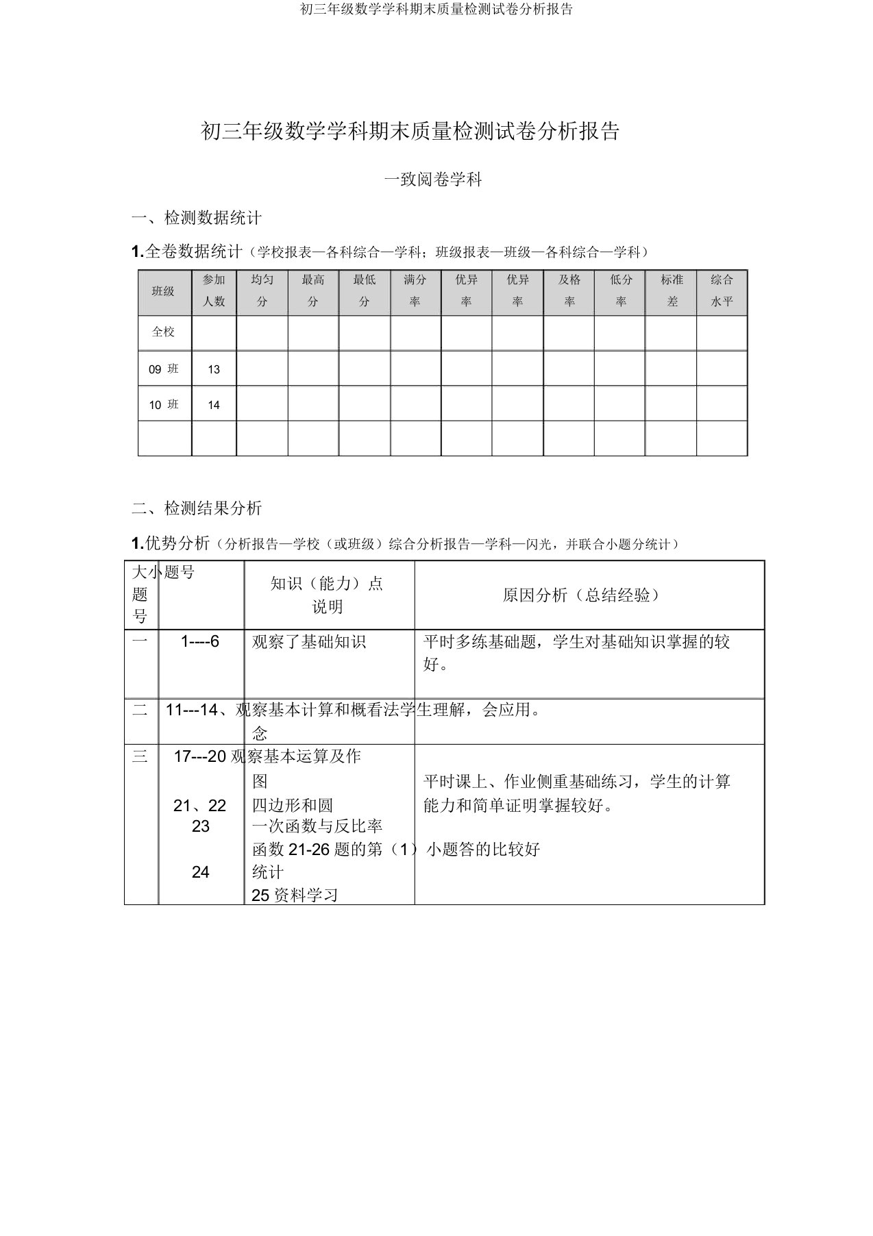 初三年级数学学科期末质量检测试卷分析报告