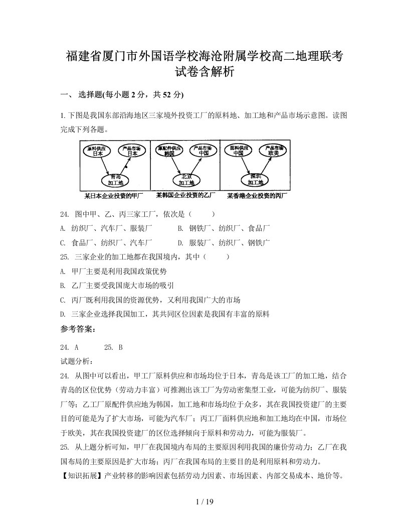 福建省厦门市外国语学校海沧附属学校高二地理联考试卷含解析