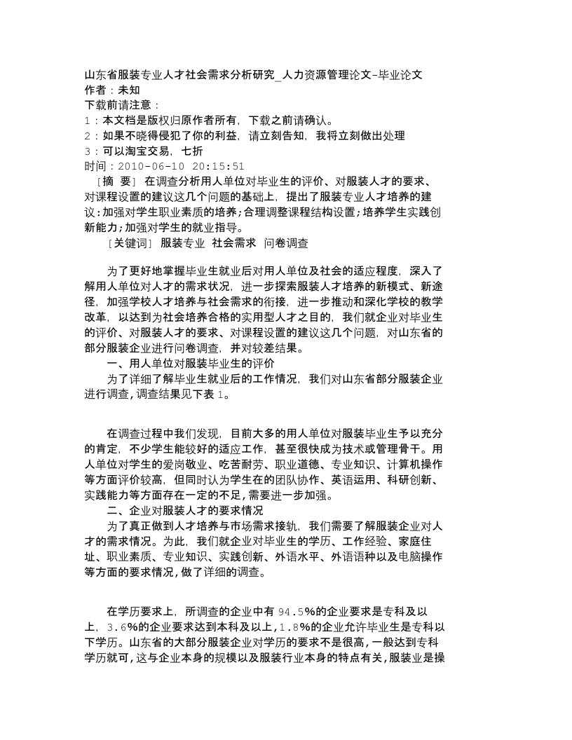 精选精品文档-管理学山东省服装专业人才社会需求分析研究_人力