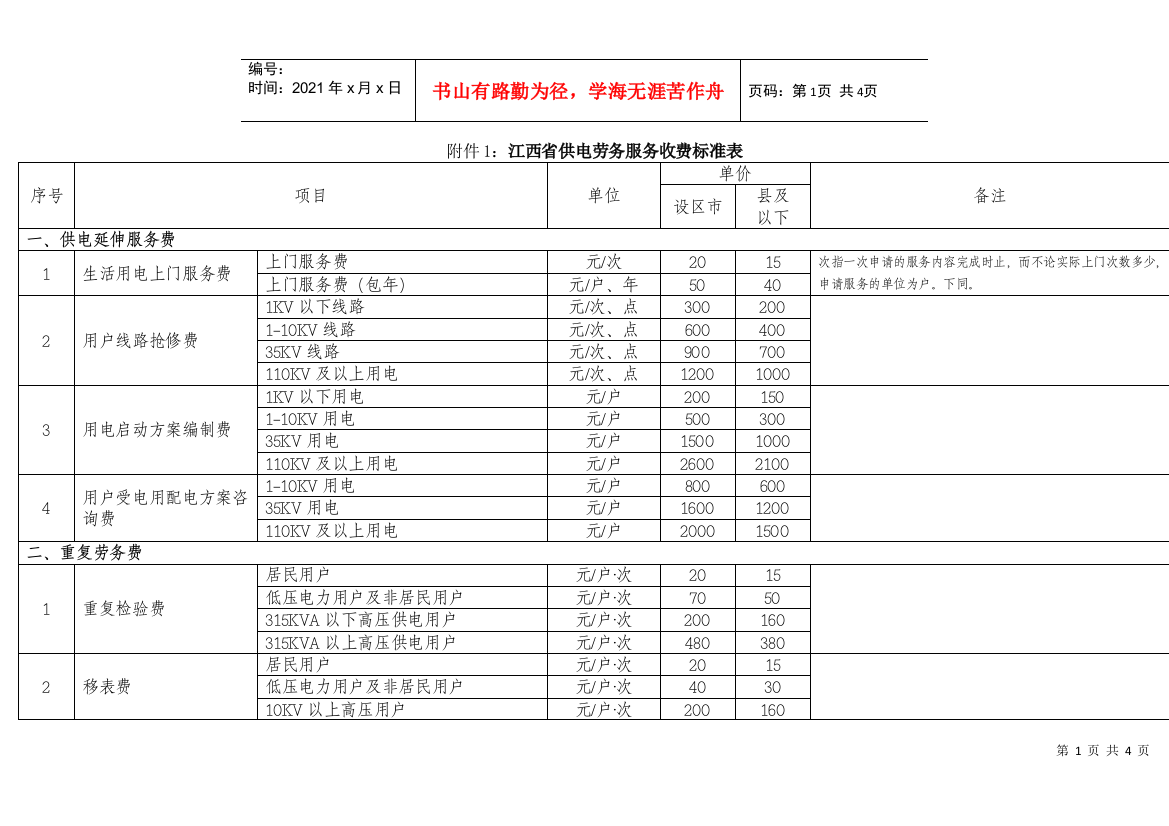 江西供电劳务服务收费标准表doc-附件1：江西省供电劳务