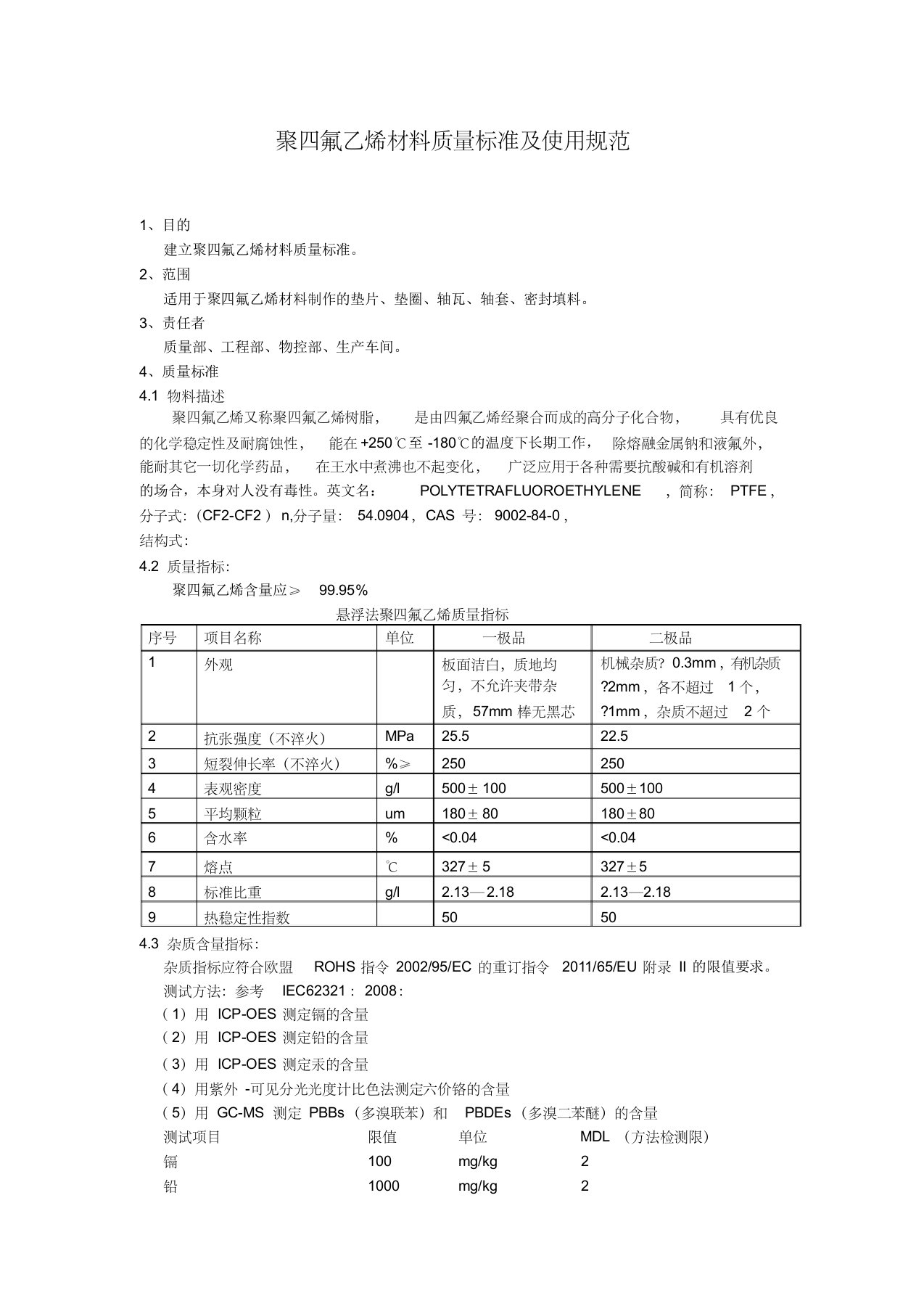 聚四氟乙烯材料质量标准及使用规范