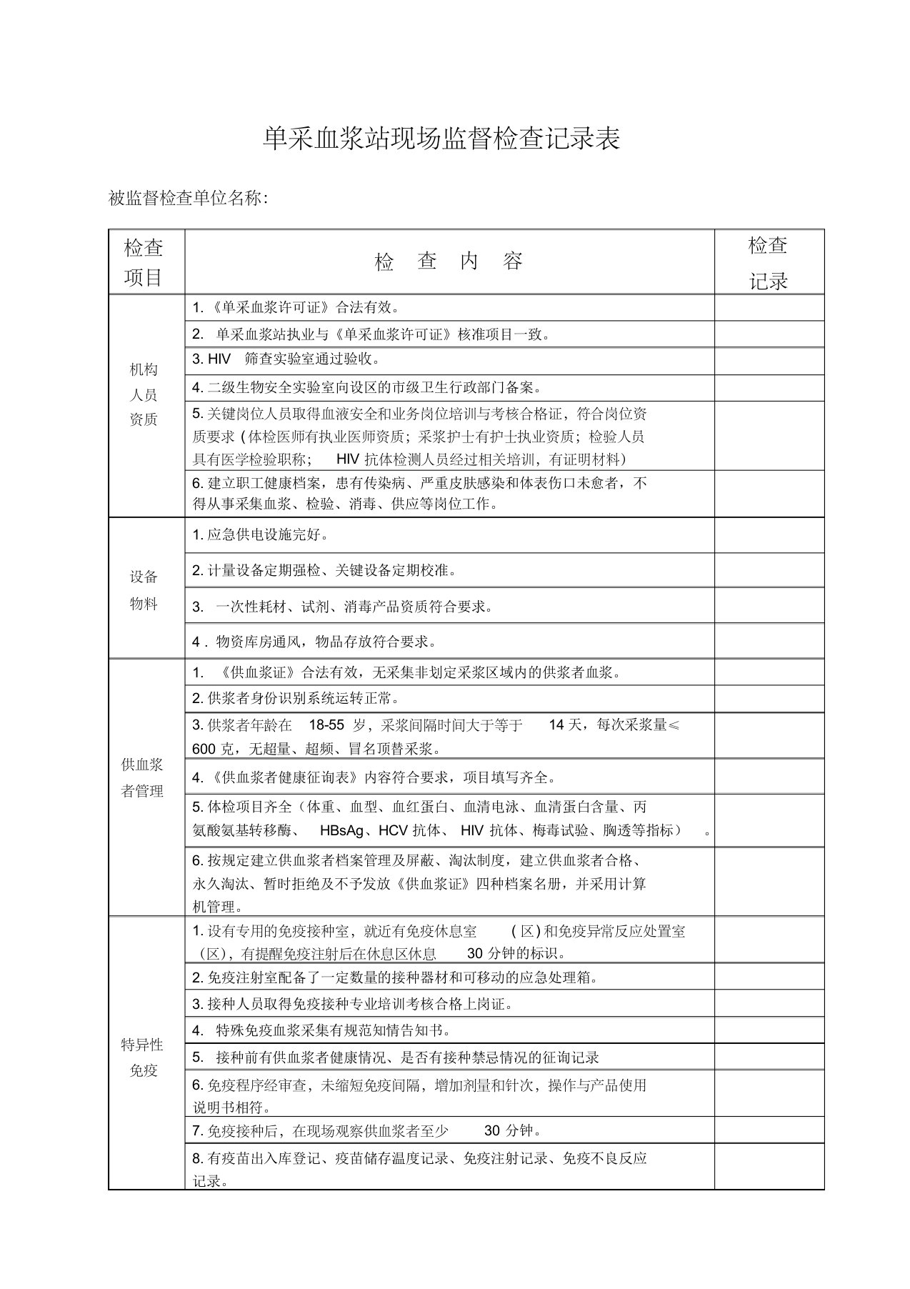 单采血浆站现场监督检查表