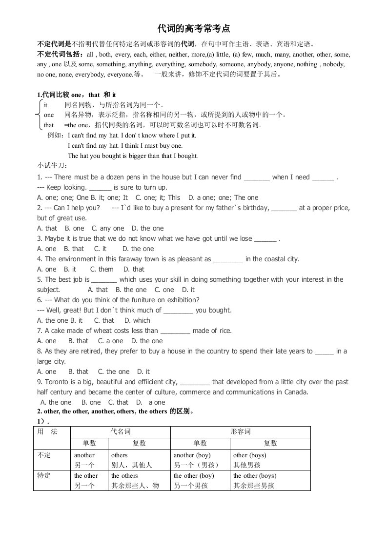 代词的高考常考点