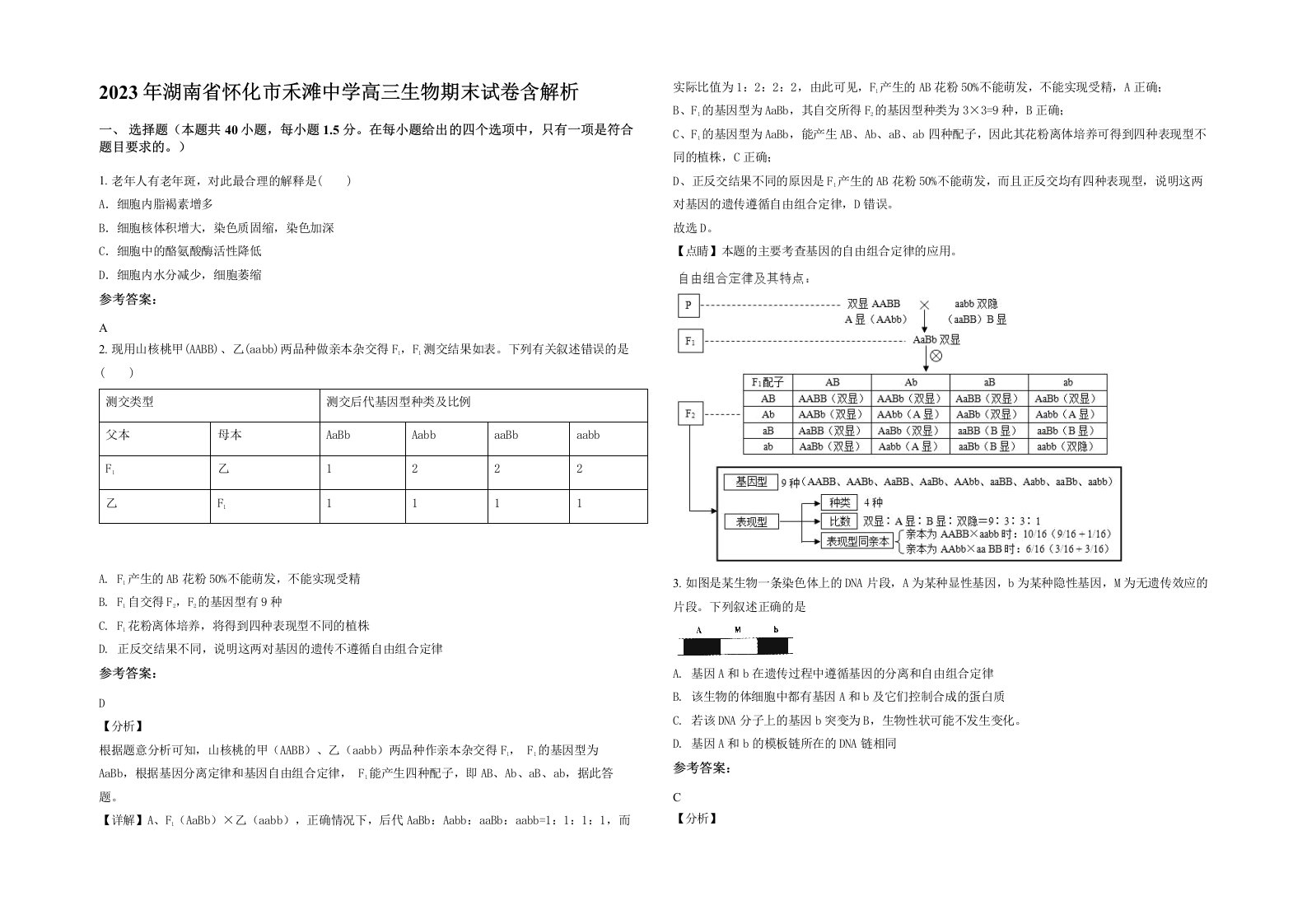 2023年湖南省怀化市禾滩中学高三生物期末试卷含解析