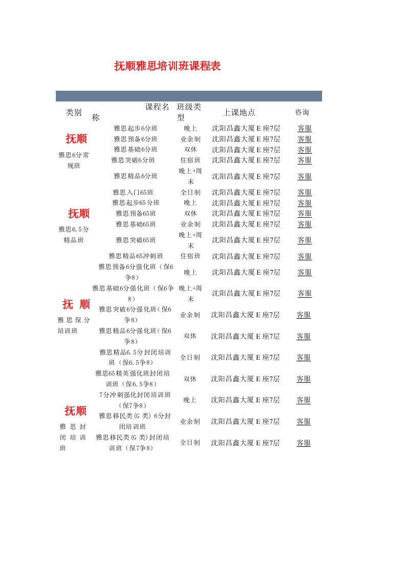 抚顺雅思培训班课程表.doc