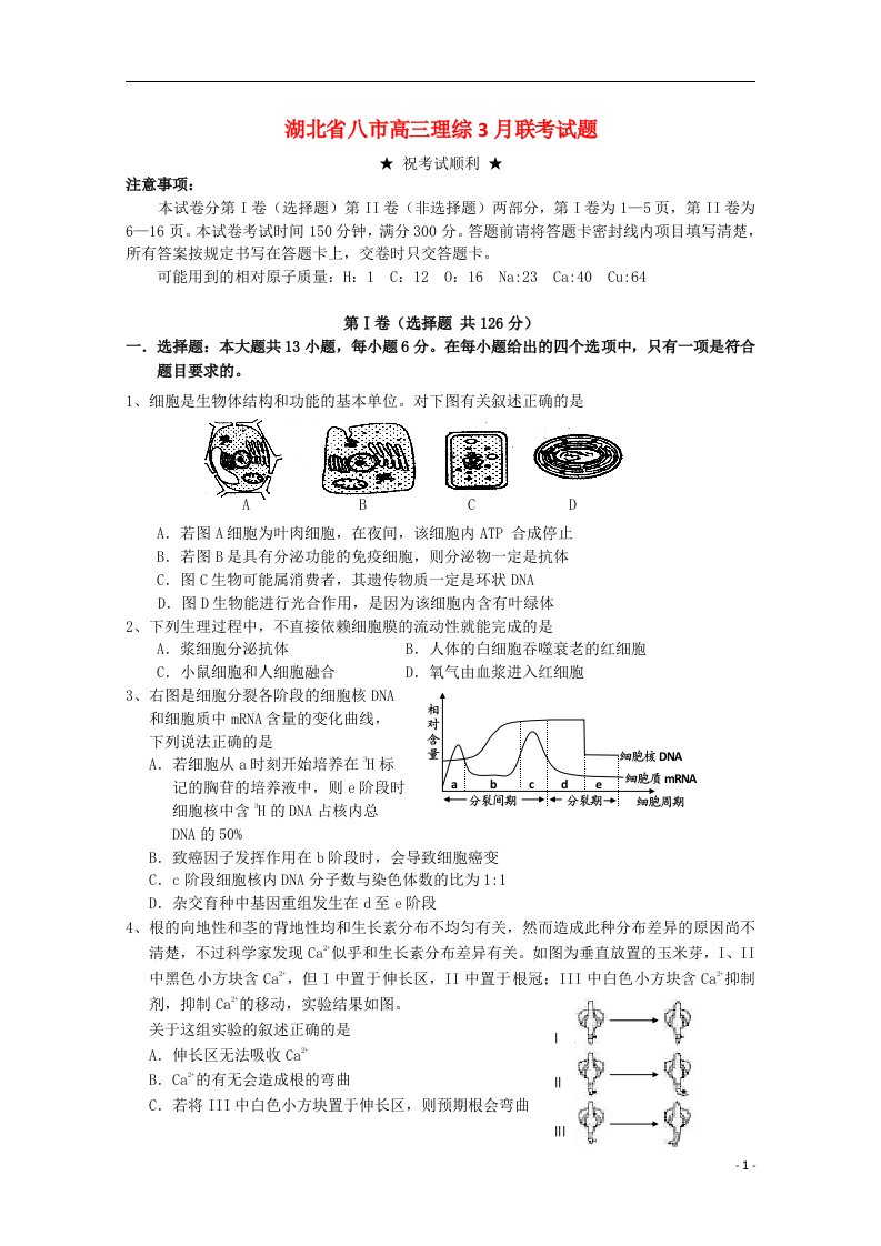 湖北省八市高三理综3月联考试题