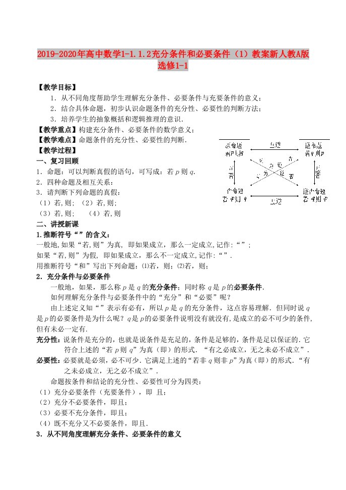 2019-2020年高中数学1-1.1.2充分条件和必要条件（1）教案新人教A版选修1-1