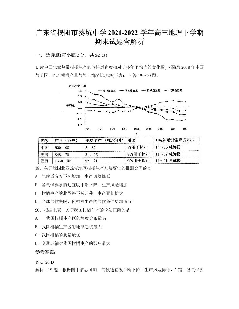 广东省揭阳市葵坑中学2021-2022学年高三地理下学期期末试题含解析