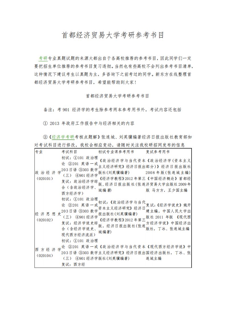 首都经济贸易大学考研参考书目