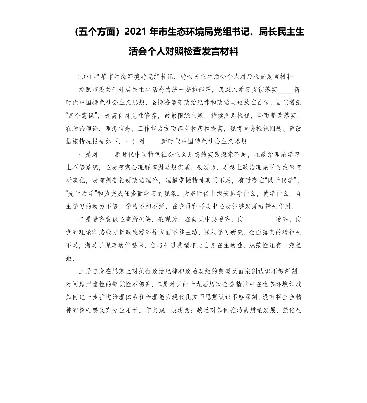 五个方面2021年市生态环境局党组书记、局长民主生活会个人对照检查发言材料