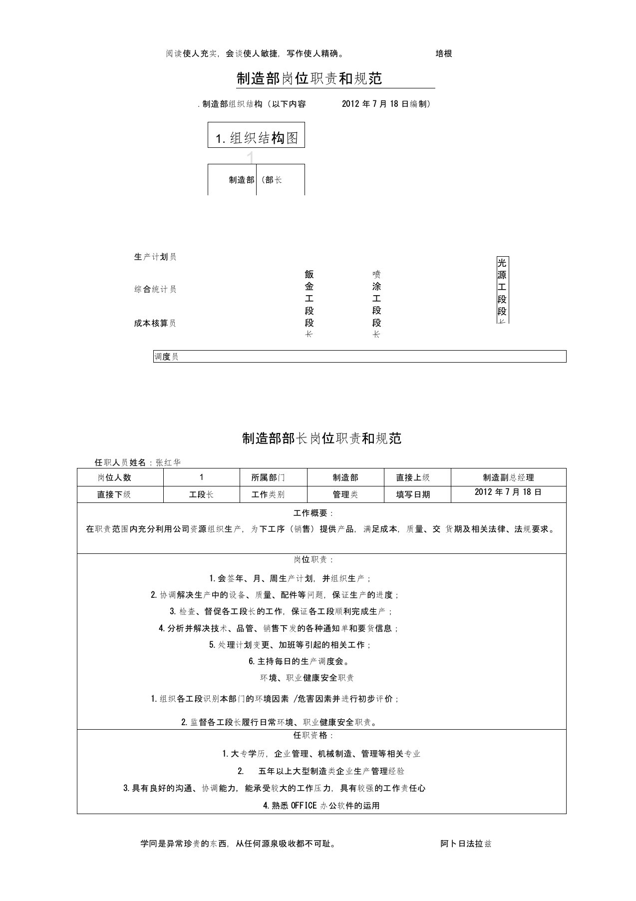 制造部组织架构图及岗位职责