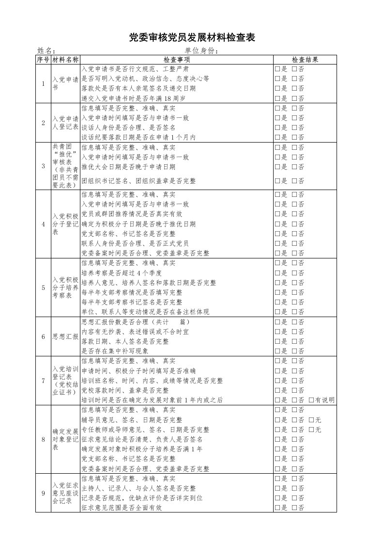 党委审核党员发展材料检查表