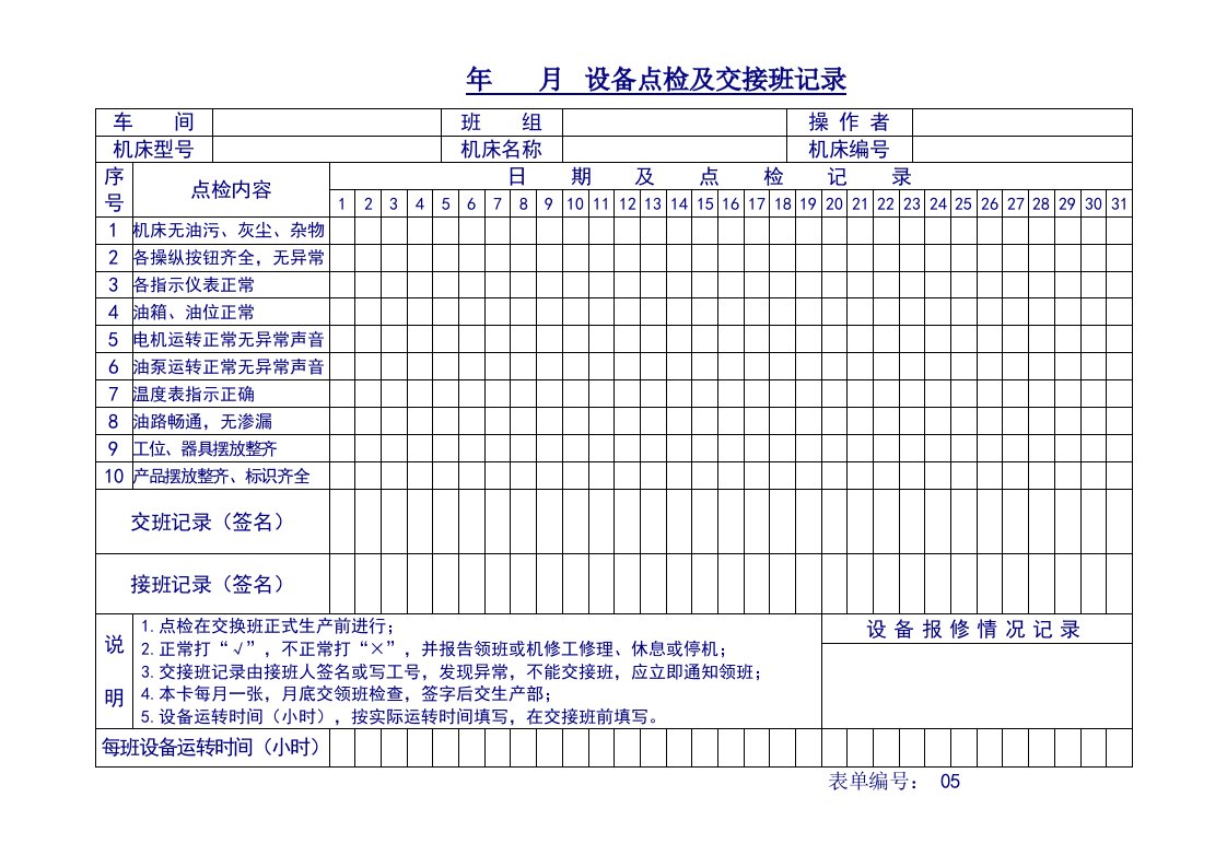 设备点检及交接班记录