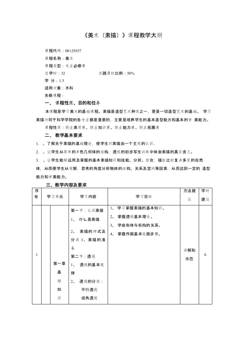 美术素描课程教学大纲