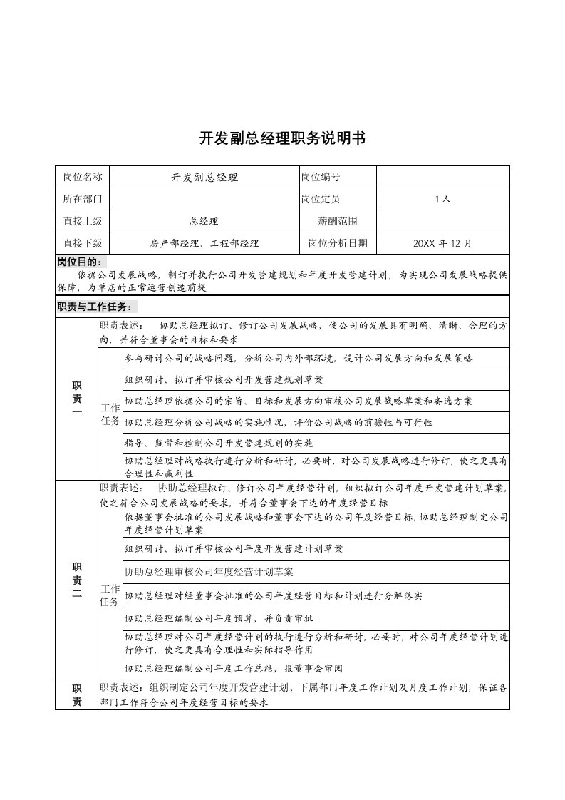 岗位职责-开发副总经理职务说明书