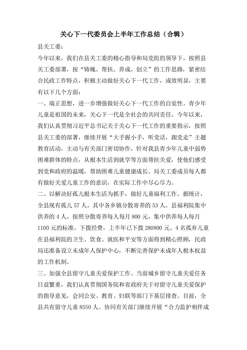 关心下一代委员会上半年工作总结（合辑）