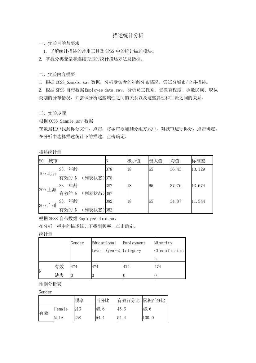 管理同学SPSS描述统计分析--实验报告