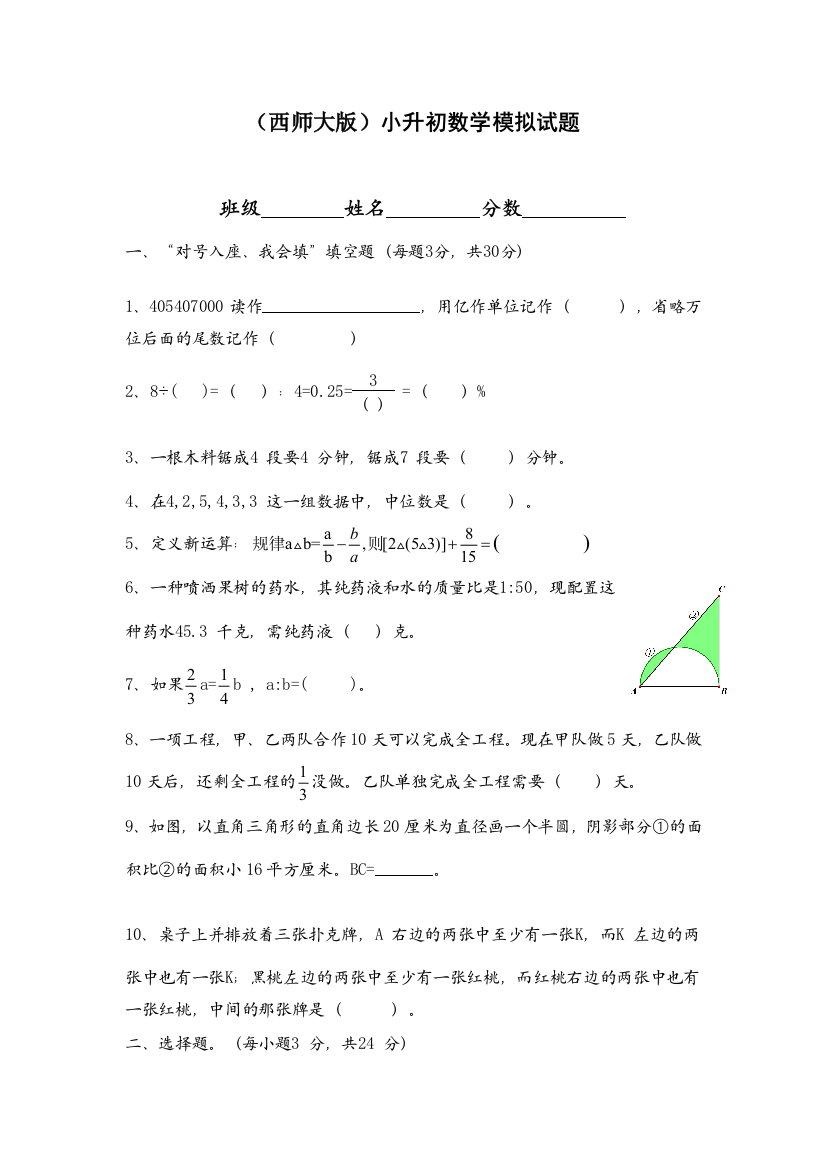 西师大版小升初数学模拟试题