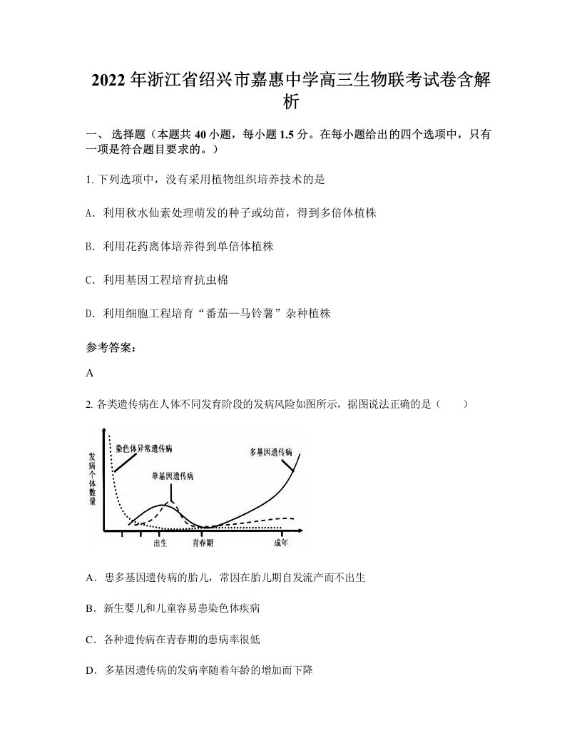 2022年浙江省绍兴市嘉惠中学高三生物联考试卷含解析