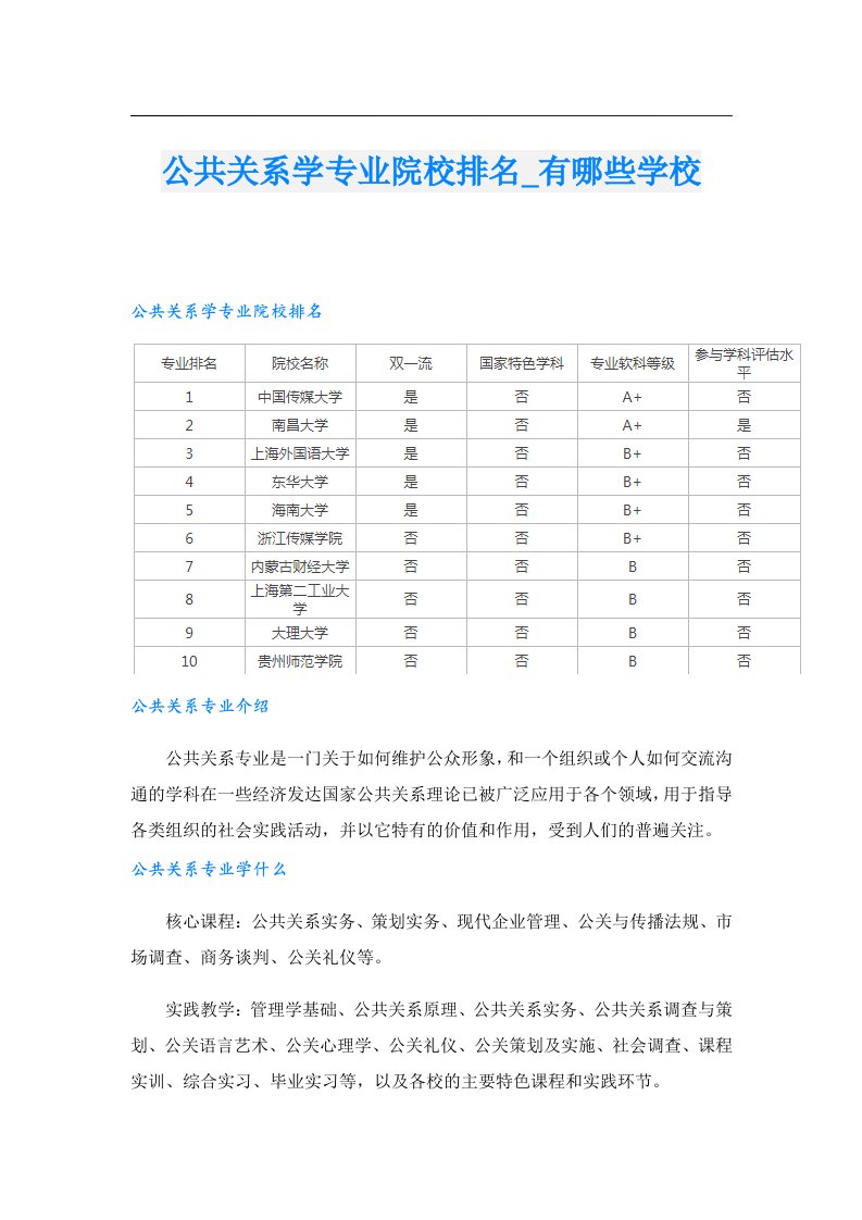 公共关系学专业院校排名_有哪些学校