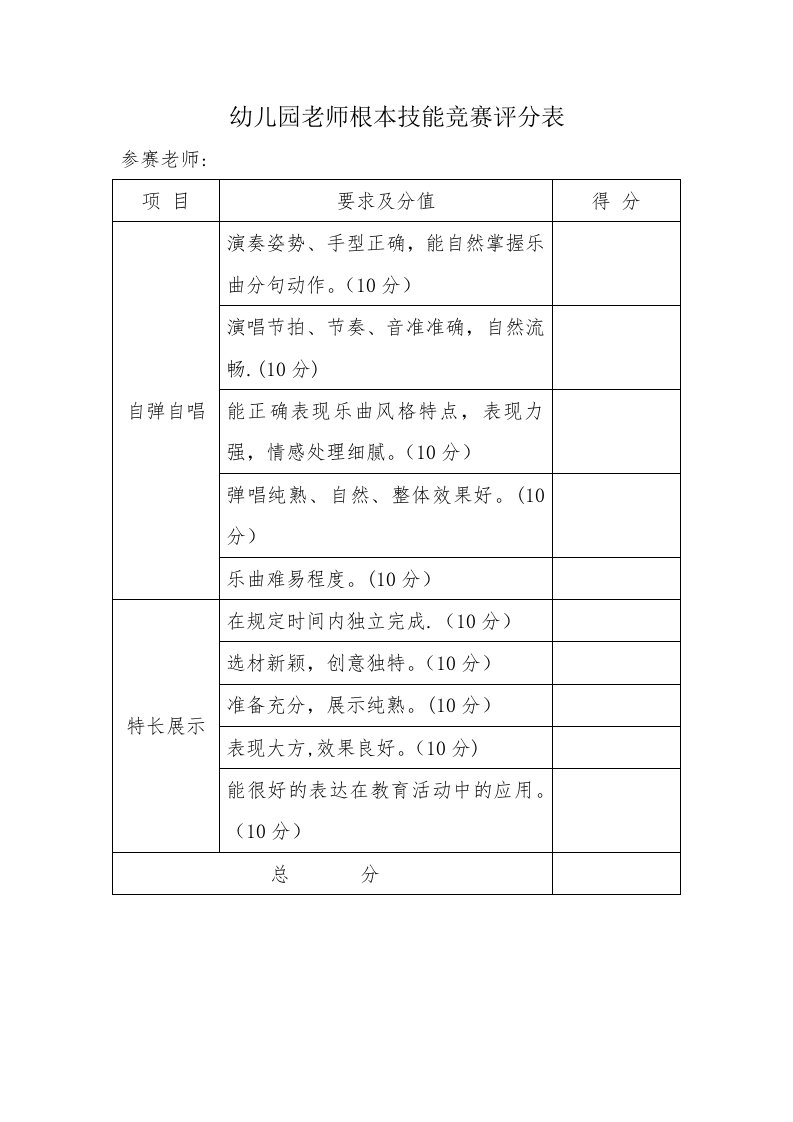 幼儿园教师基本技能竞赛评分表