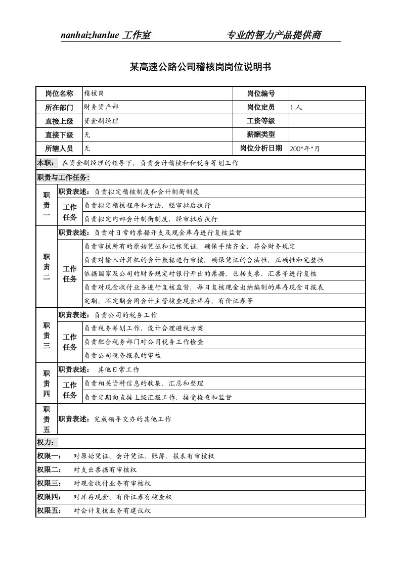 某高速公路公司稽核岗岗位说明书