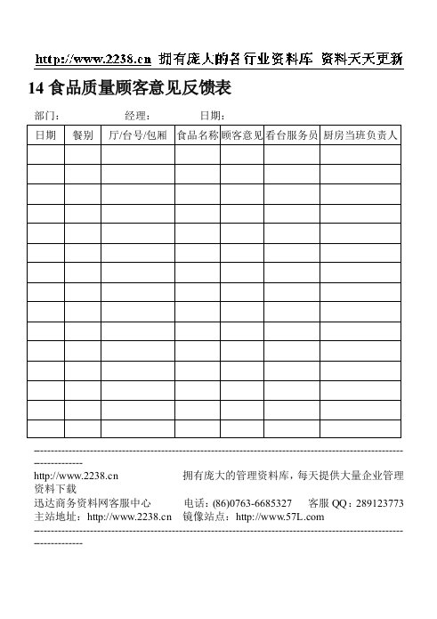 14食品质量顾客意见反馈表