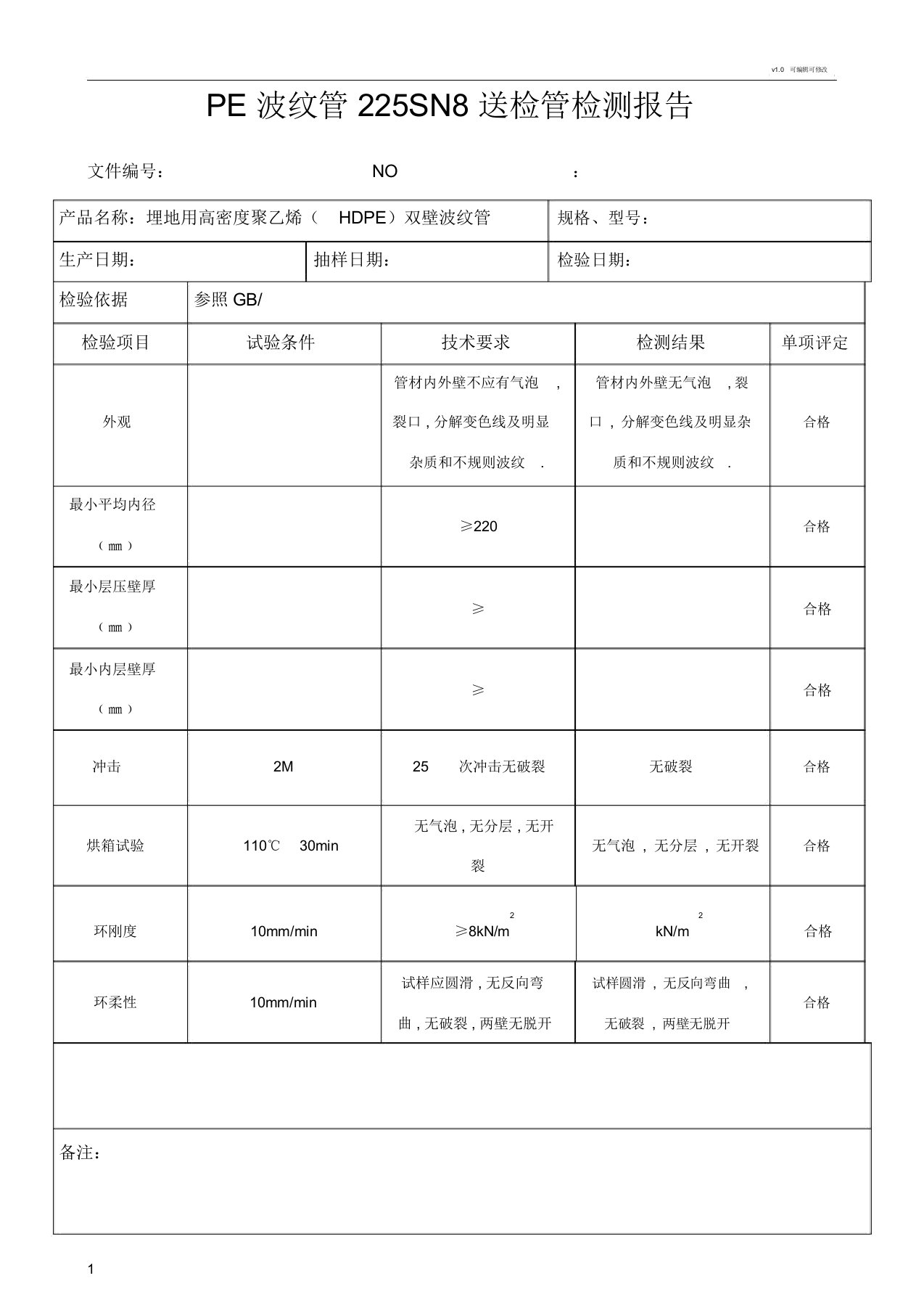 PE波纹管225SN8送检管检测报告