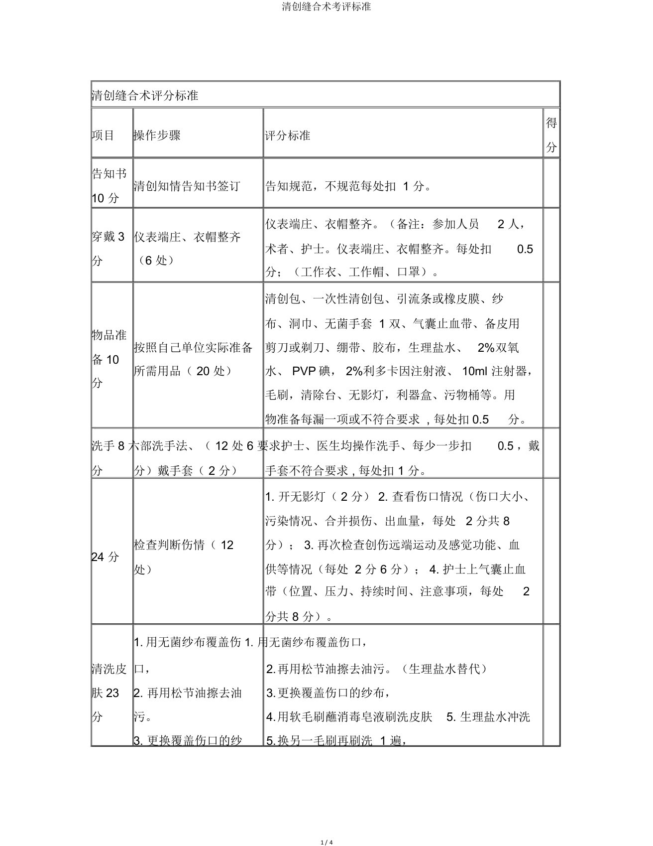 清创缝合术考评标准