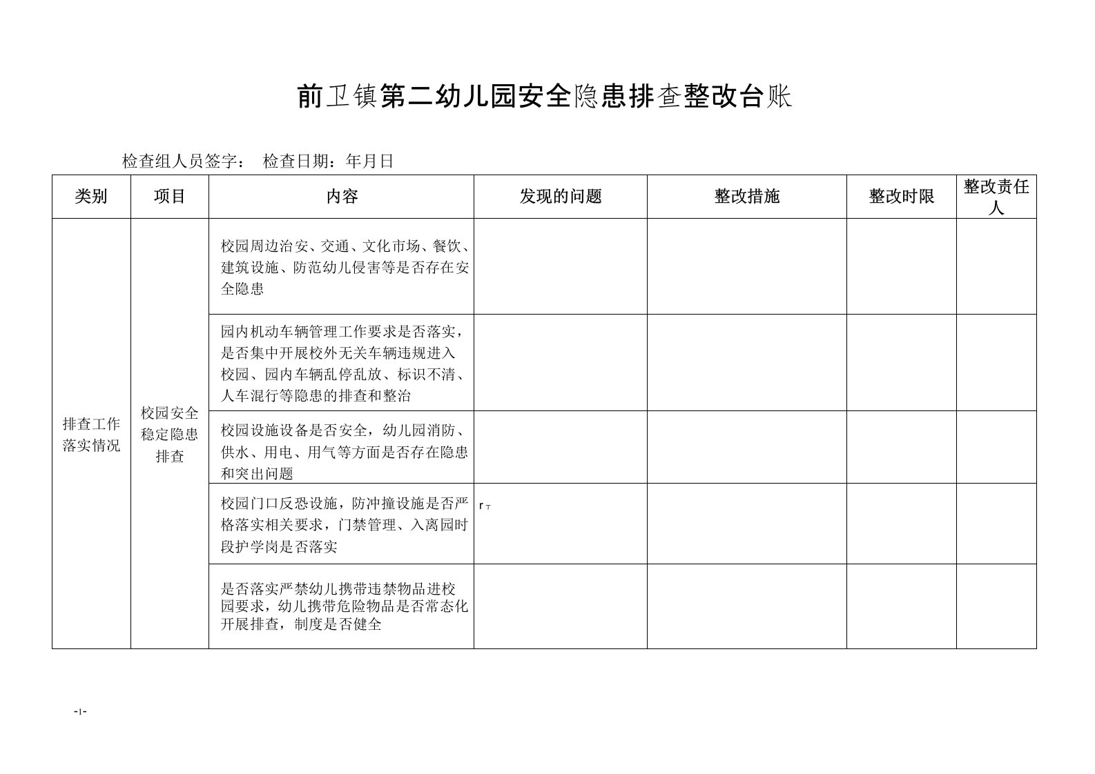 幼儿园安全隐患排查整改台账