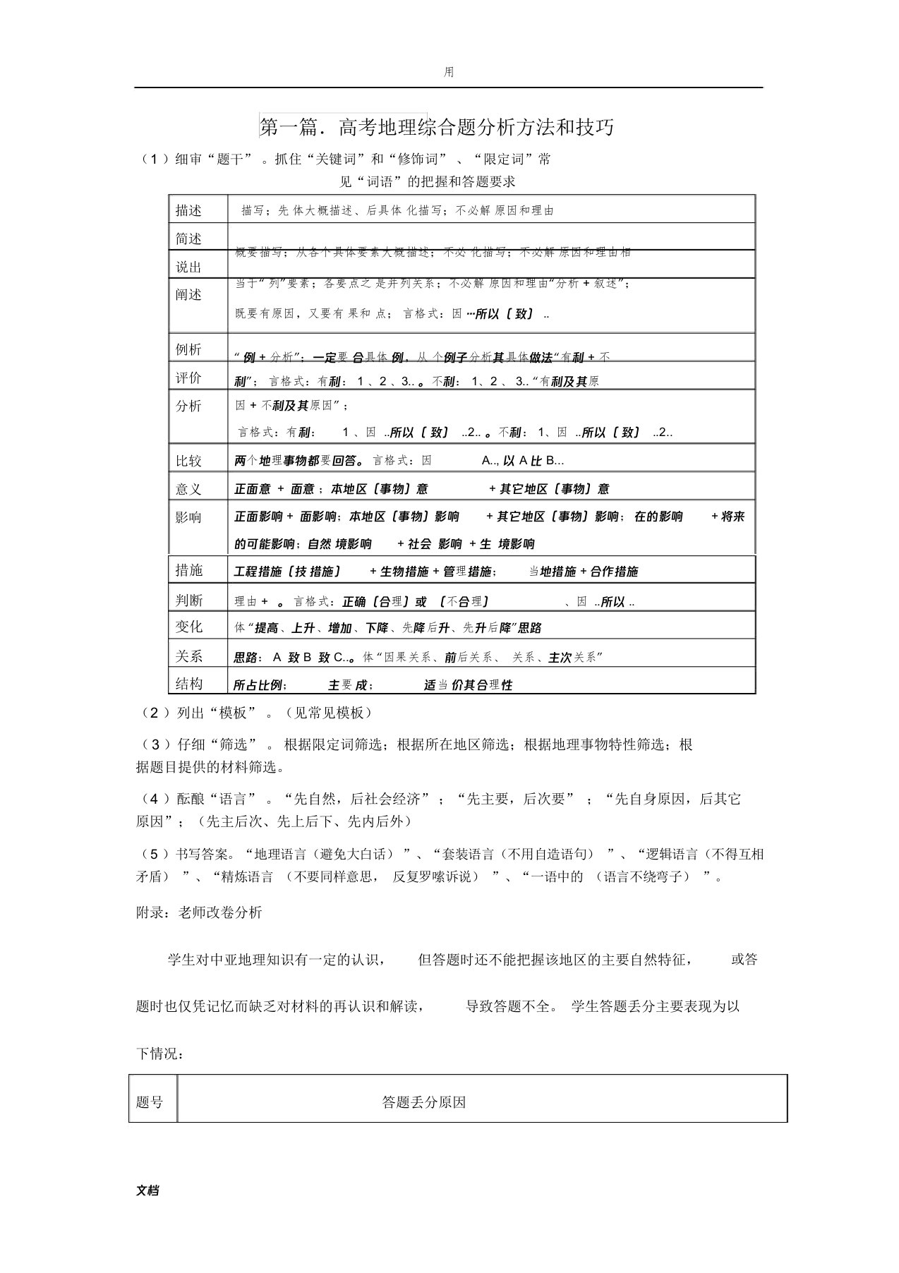 高考地理综合题解析总结报告方法及技巧