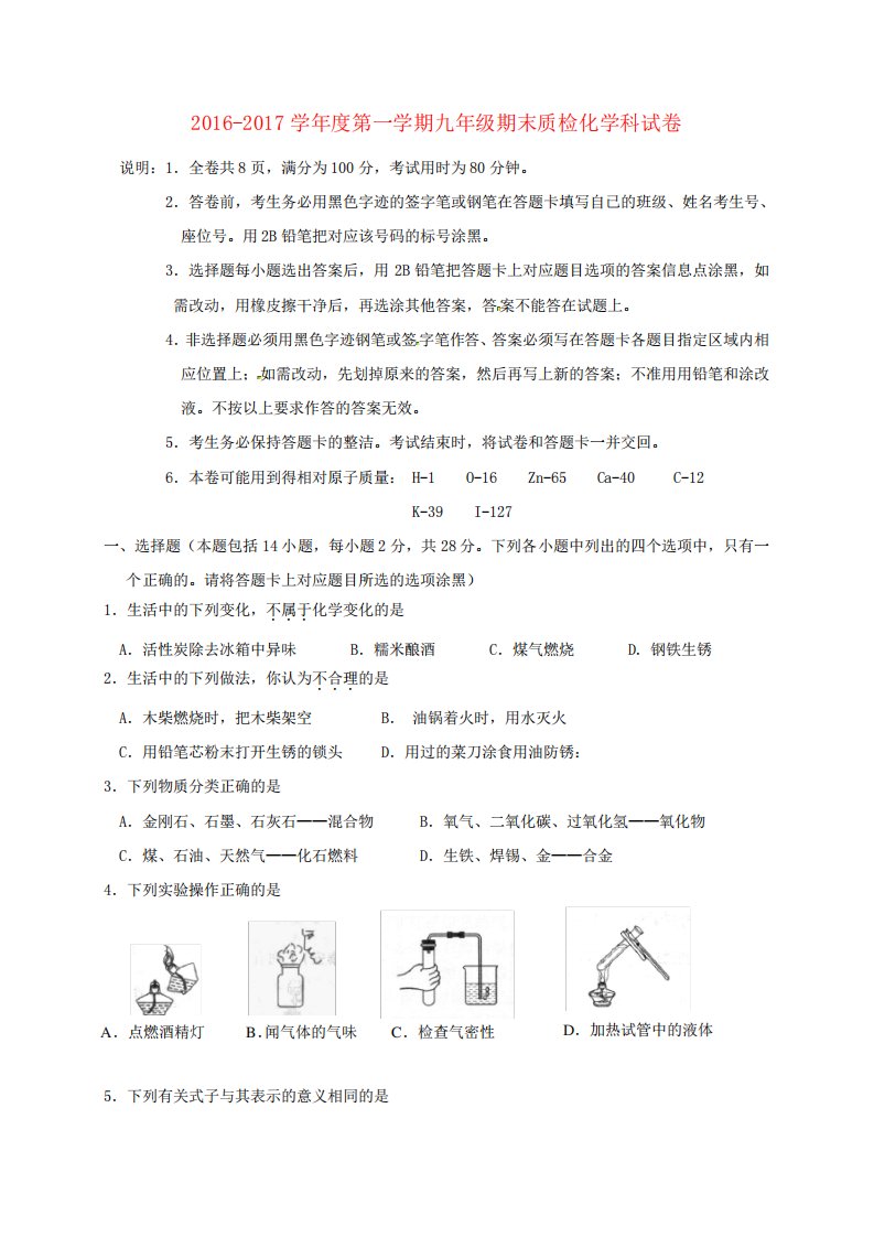 广东省汕头市澄海区九年级化学上学期期末考试试题新