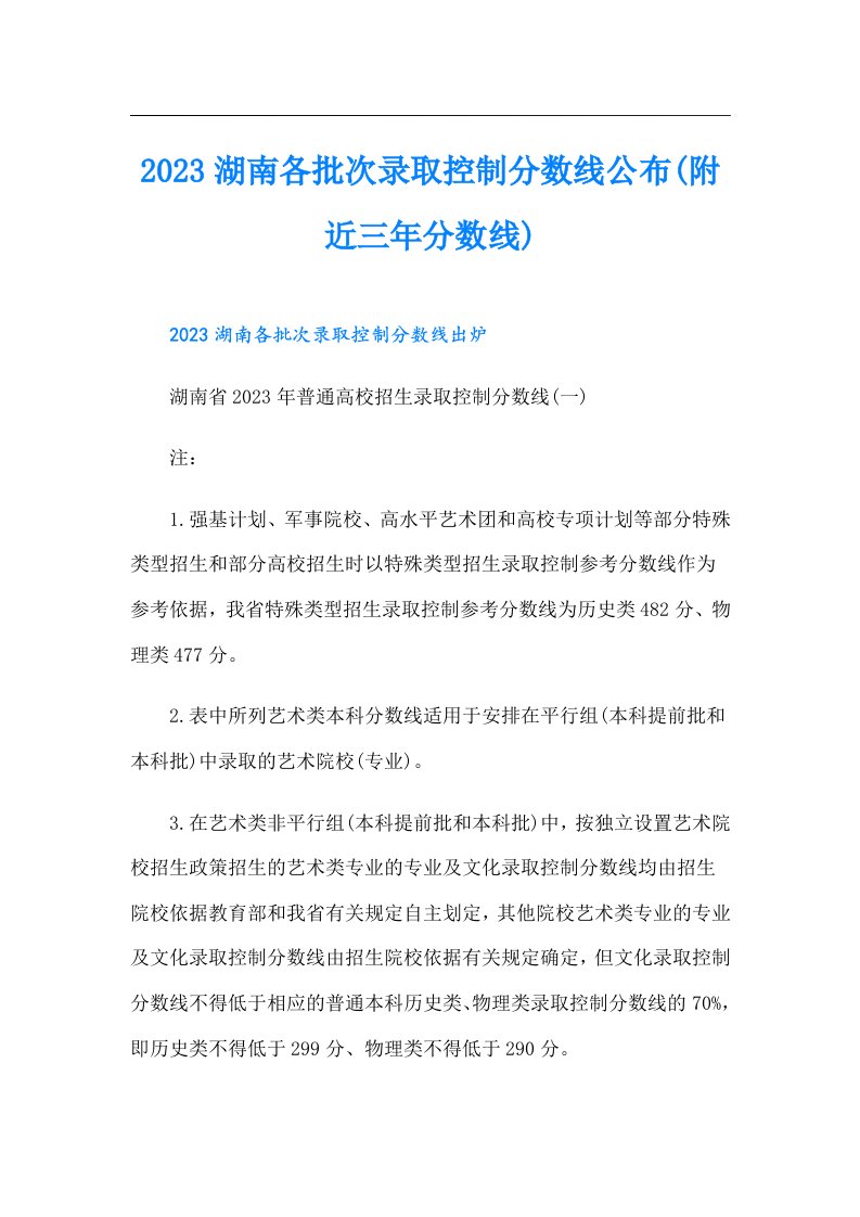 湖南各批次录取控制分数线公布(附近三年分数线)