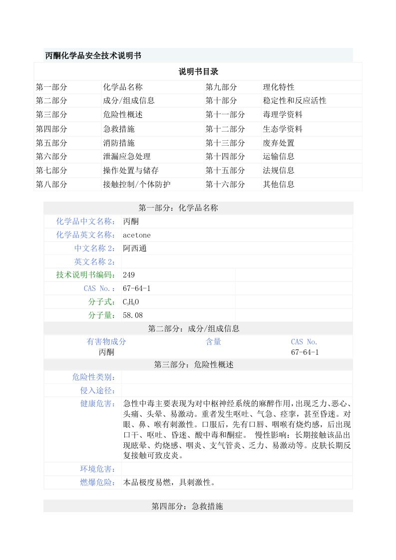 丙酮化学品安全技术说明书