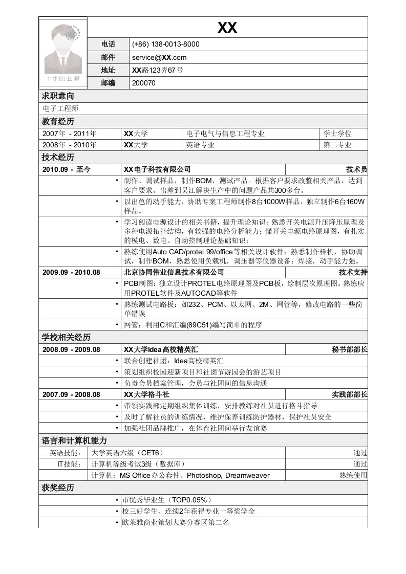 应聘电子工程师岗位简历模板