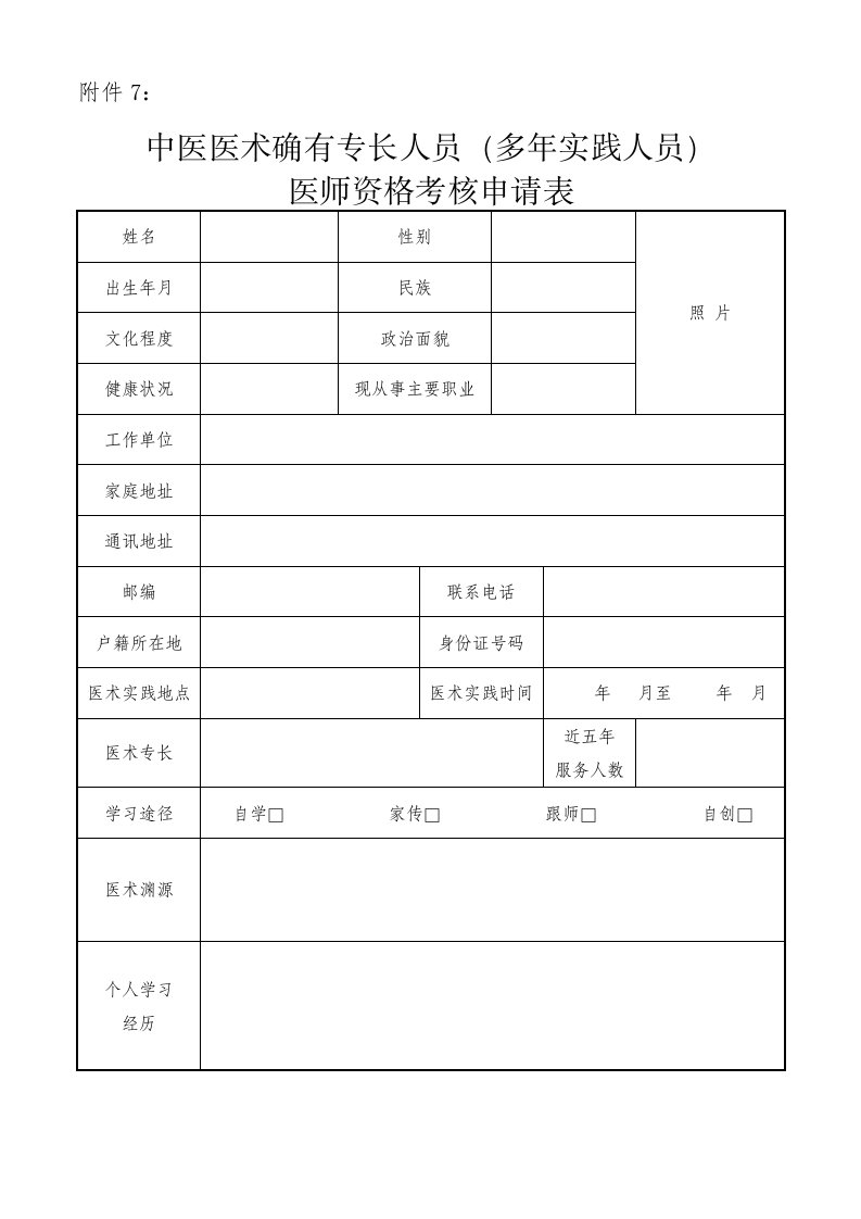 中医医术确有专长人员多年实践人员