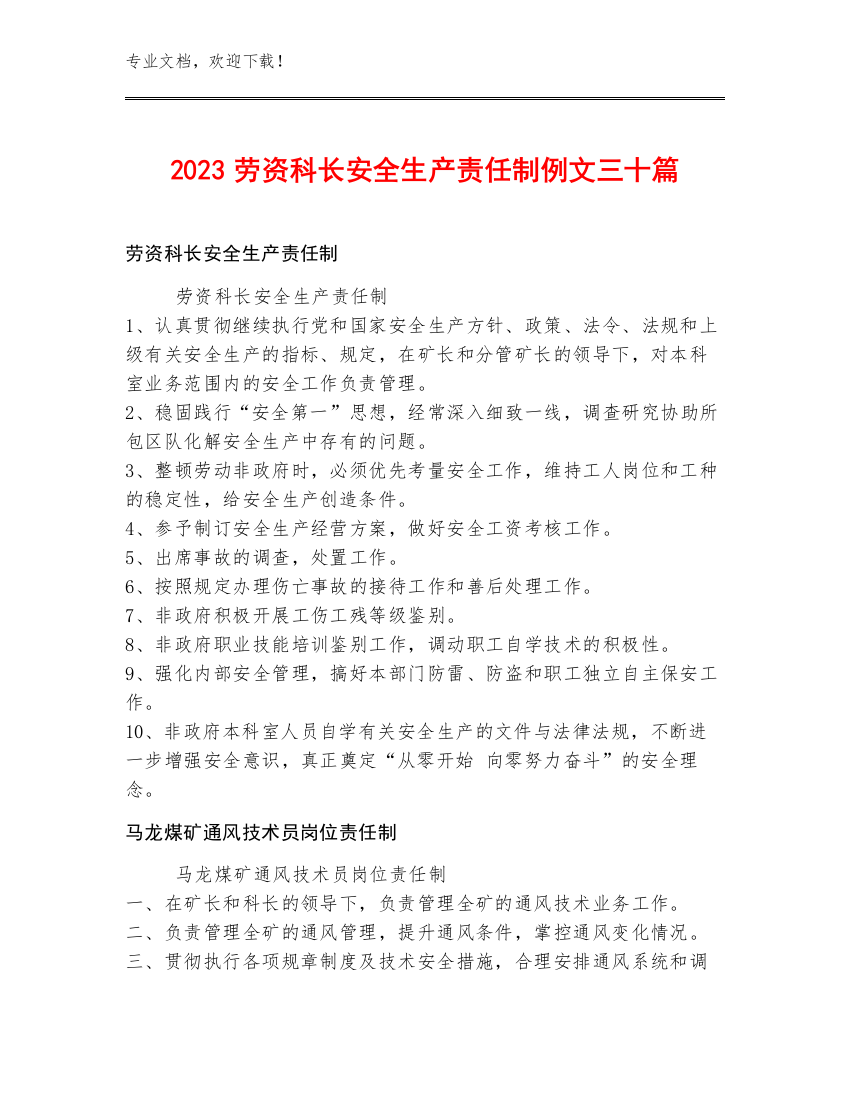 2023劳资科长安全生产责任制例文三十篇