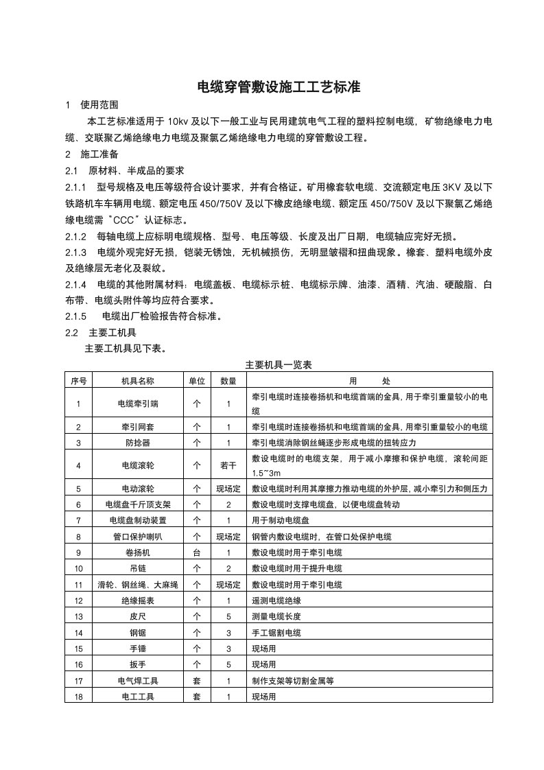 电缆穿管敷设施工工艺标准