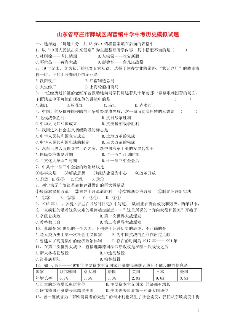 山东省枣庄市薛城区周营镇中学中考历史模拟试题