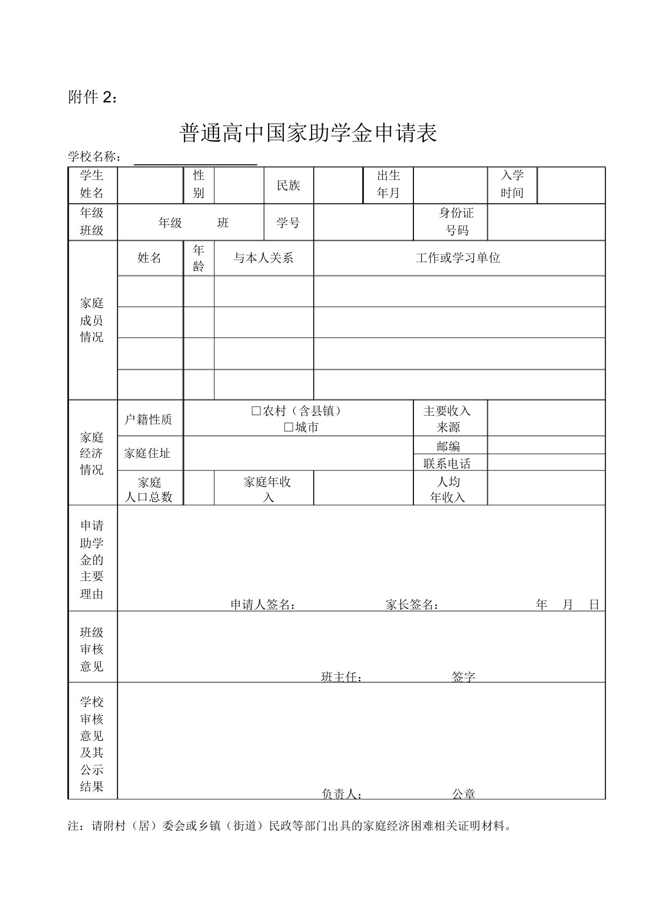 普通高中国家助学金申请表