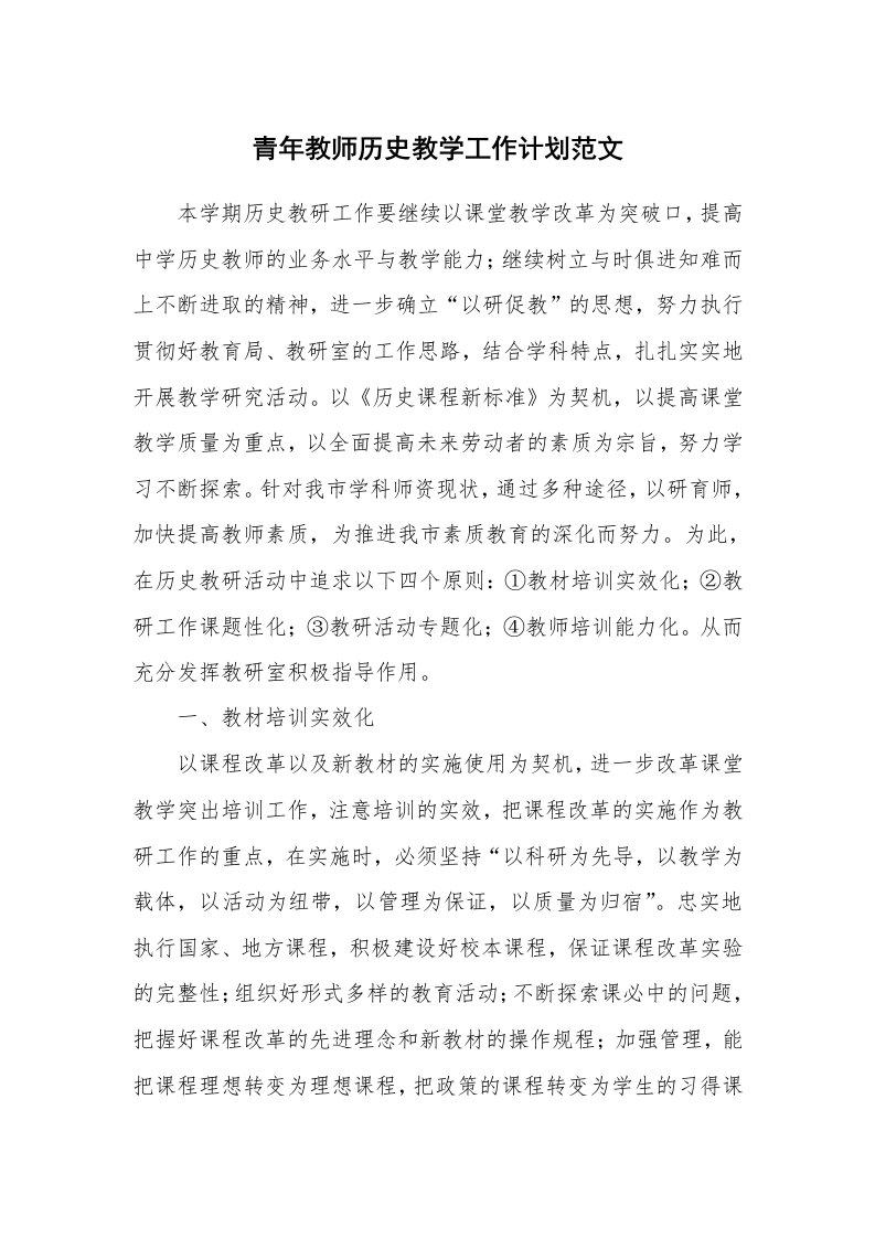 青年教师历史教学工作计划范文