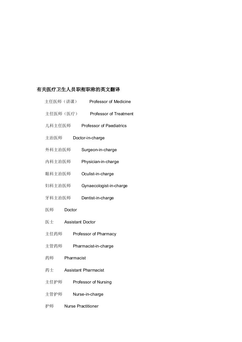 有关医疗卫生人员职衔职称的英文翻译