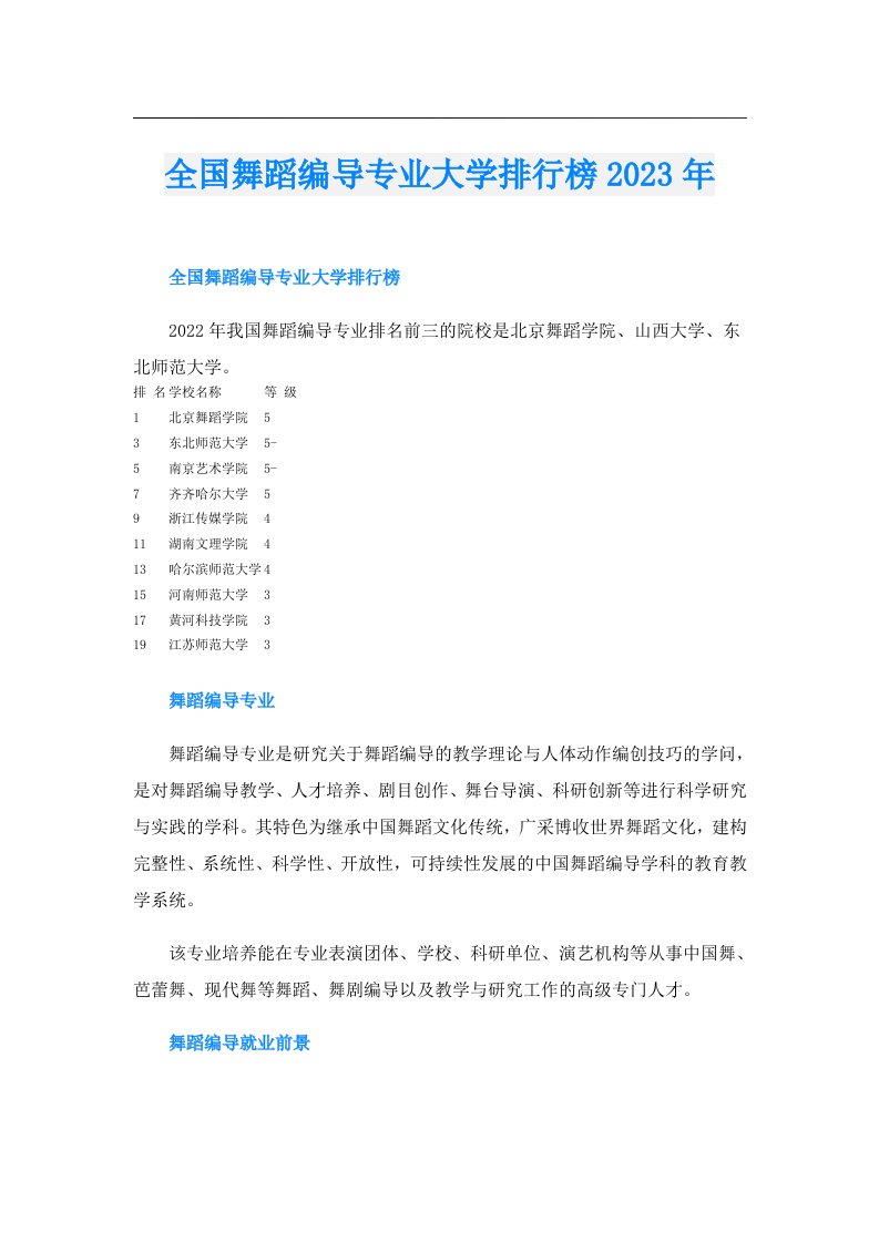 全国舞蹈编导专业大学排行榜