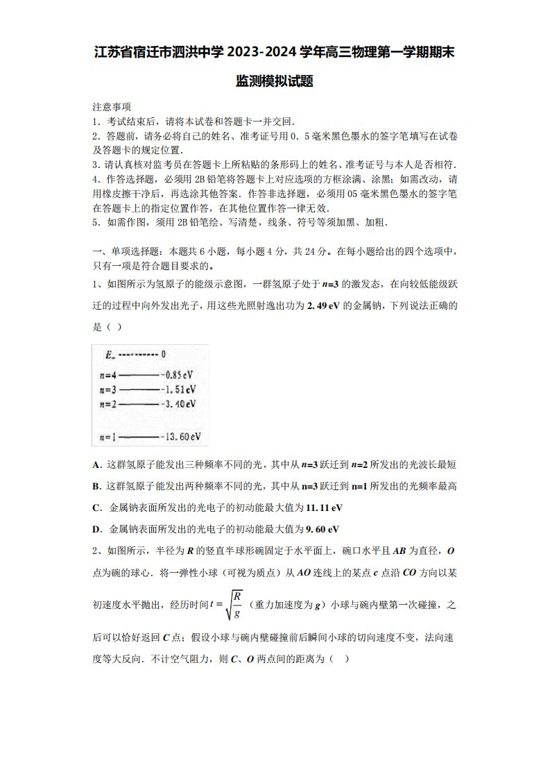 江苏省宿迁市泗洪中学2023-2024学年高三物理第一学期期末监测模拟试题含