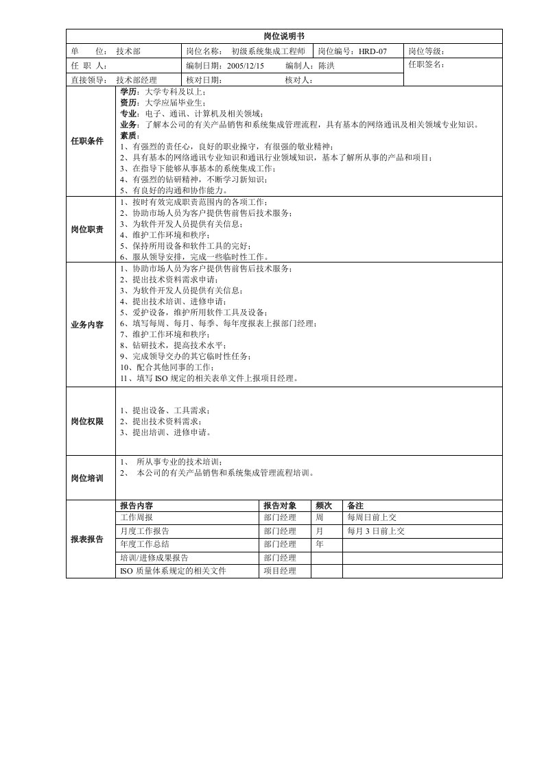 岗位说明书-初级系统集成工程师