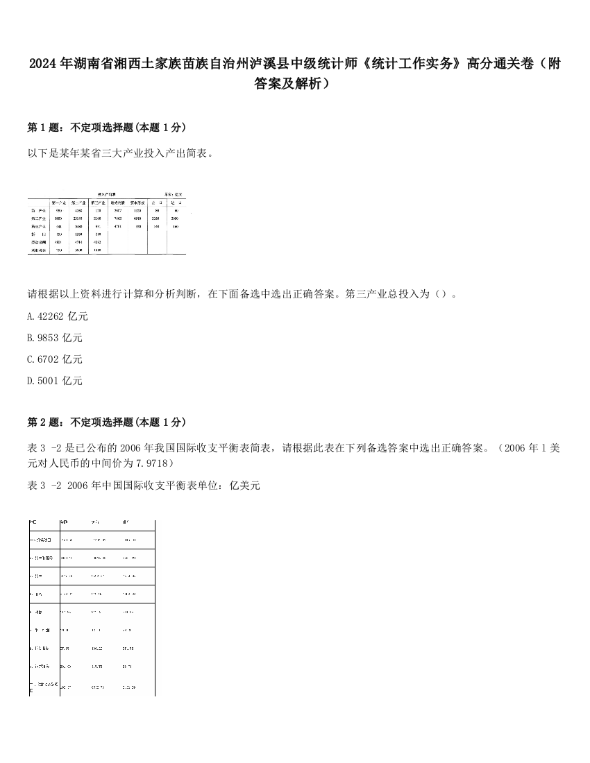 2024年湖南省湘西土家族苗族自治州泸溪县中级统计师《统计工作实务》高分通关卷（附答案及解析）