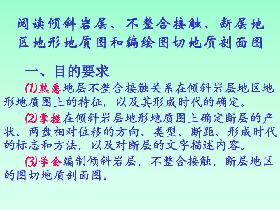 阅读倾斜岩层、不整合接触、断层地区地形地质图