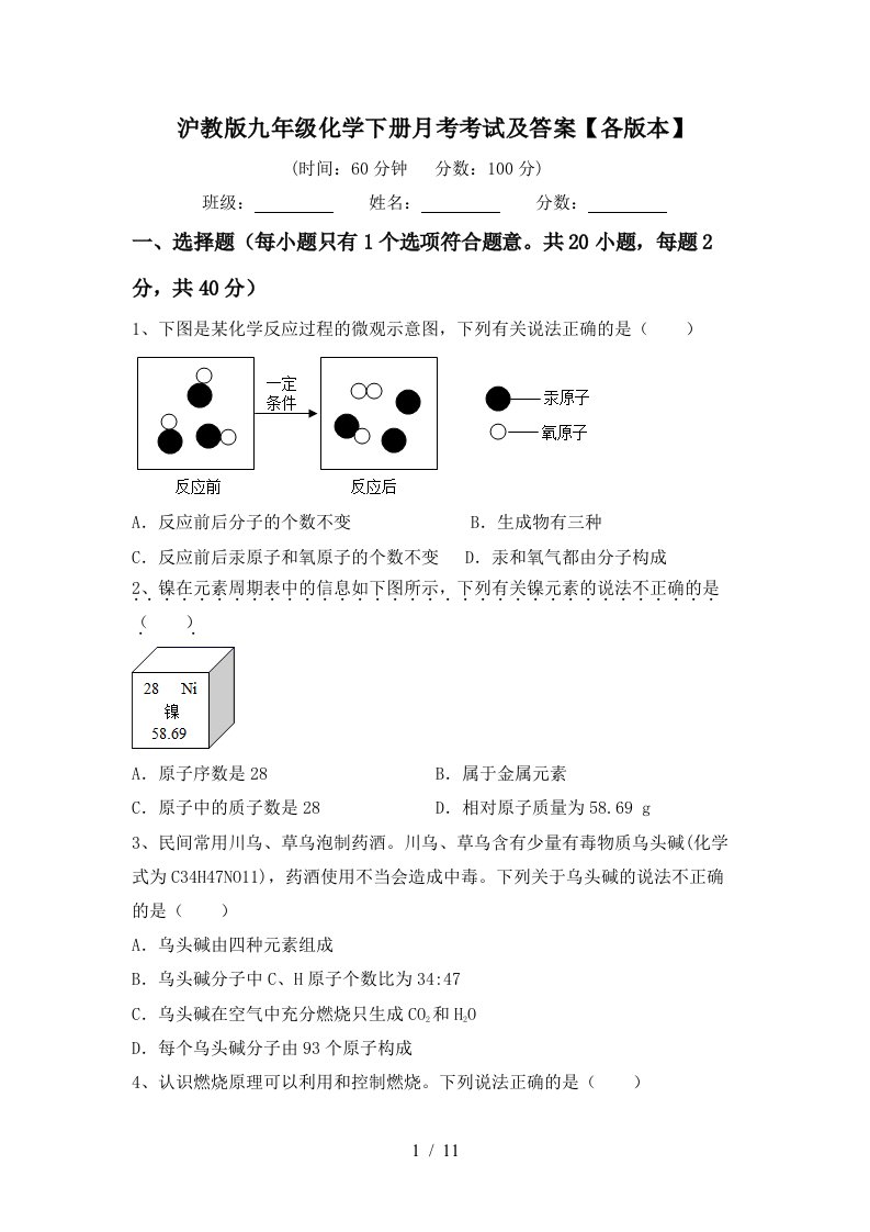 沪教版九年级化学下册月考考试及答案各版本